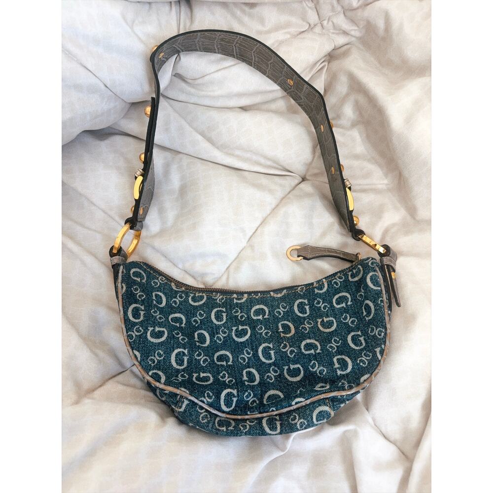 Guess RARE Y2K Vintage Shoulder Bag Monogram Denim Hardware Embellished Archive - Picture 4 of 7
